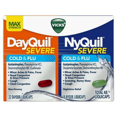 Vicks DayQuil and NyQuil SEVERE Cough, Cold & Flu Relief, 48 LiquiCaps (32 DayQuil & 16 NyQuil) - Relieves Sore Throat, Fever, and Congestion, Day or