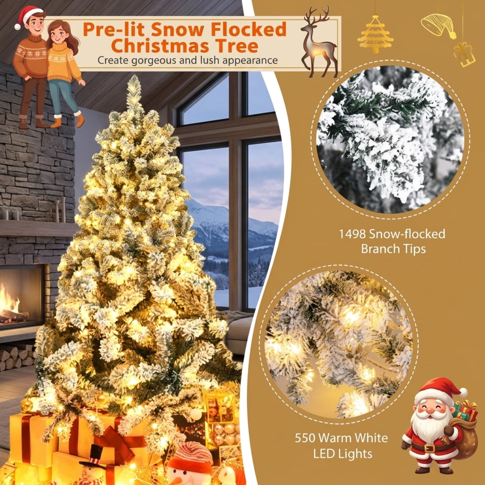 RUIE, 9 Ft Flocked Tree, 9 ft Artificial Christmas Tree, 550 LED Lights, Snow Flocked, 1498 Full Tips, for Home Holiday Xmas Decoration