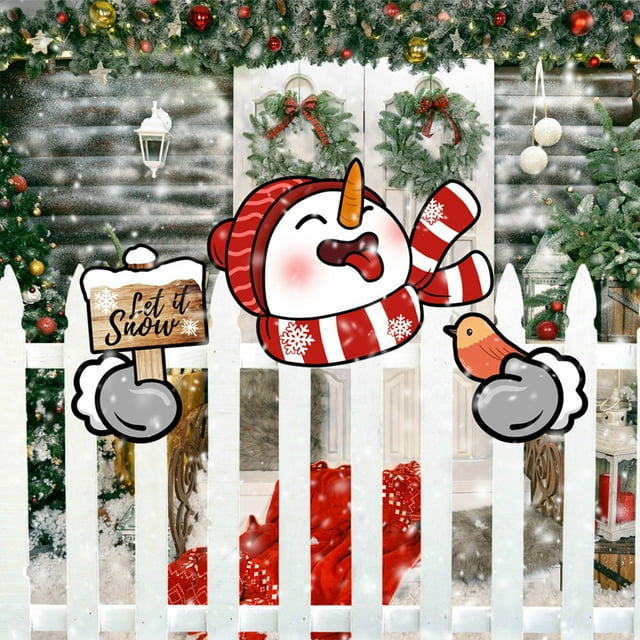 Christmas Fence Peep Hanging Sign Patio Outdoor Ambience Decoration Hollow Board Snowman Dress Up