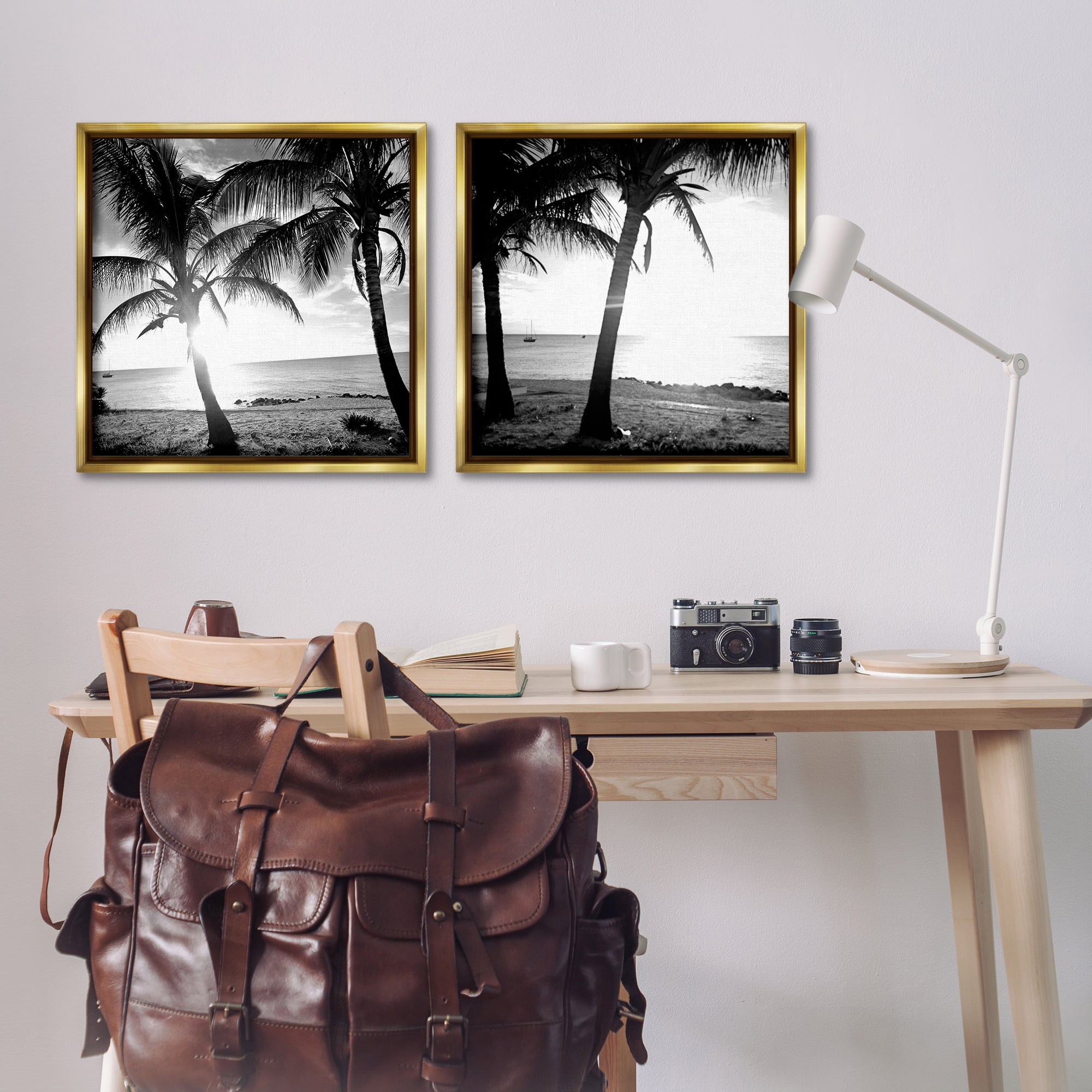 Stupell Industries Tropical Palm Sunset Landscape & Nature Photography Gold Floater Framed Canvas Art Print Wall Art, 25 x 25, Set of 2
