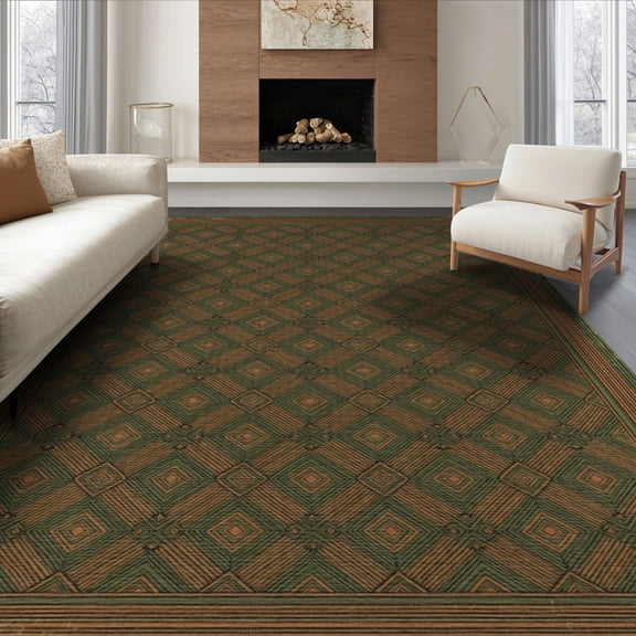 ODIKA 8'x10' Washable Area Rug Durable, Non-Slip Olive Geometric Mosaic With Earth Tone Diamond Accents Vintage Abstract Refined for Living Room, Under Sectional, Family