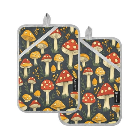 

Two Pieces Of Square Heat Insulation Pad Oven Mitts 7x9.8 Inch Oven Microwave Kitchen Cooking Baking Mushroom with Black Background