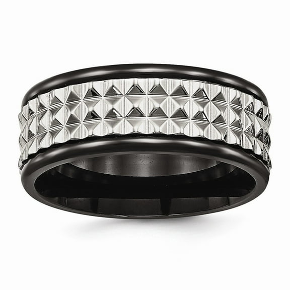 8mm Stainless Steel Polished Black Ip Texturted Ring - Size 9.5