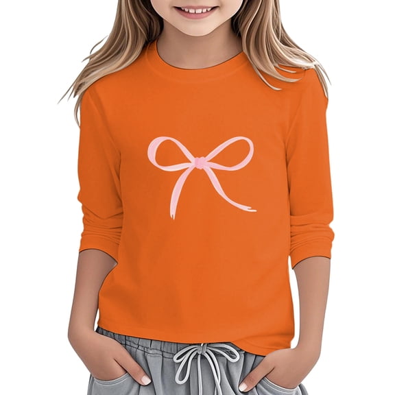 lnmuld Girls Cute Summer Tops Long Sleeve Round Neck Graphic Print Top Comfortable Casual Blouse for Everyday Play and School Color:Orange,Size:12-13 Years
