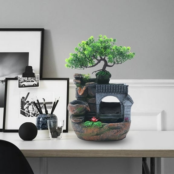 Dwellnix Small Resin Water Fountain with LED Lights, Hand-Carved Tabletop Waterfall Fountain for Office Desk, Bedroom, Living Room, Stress Relief & Home Decor