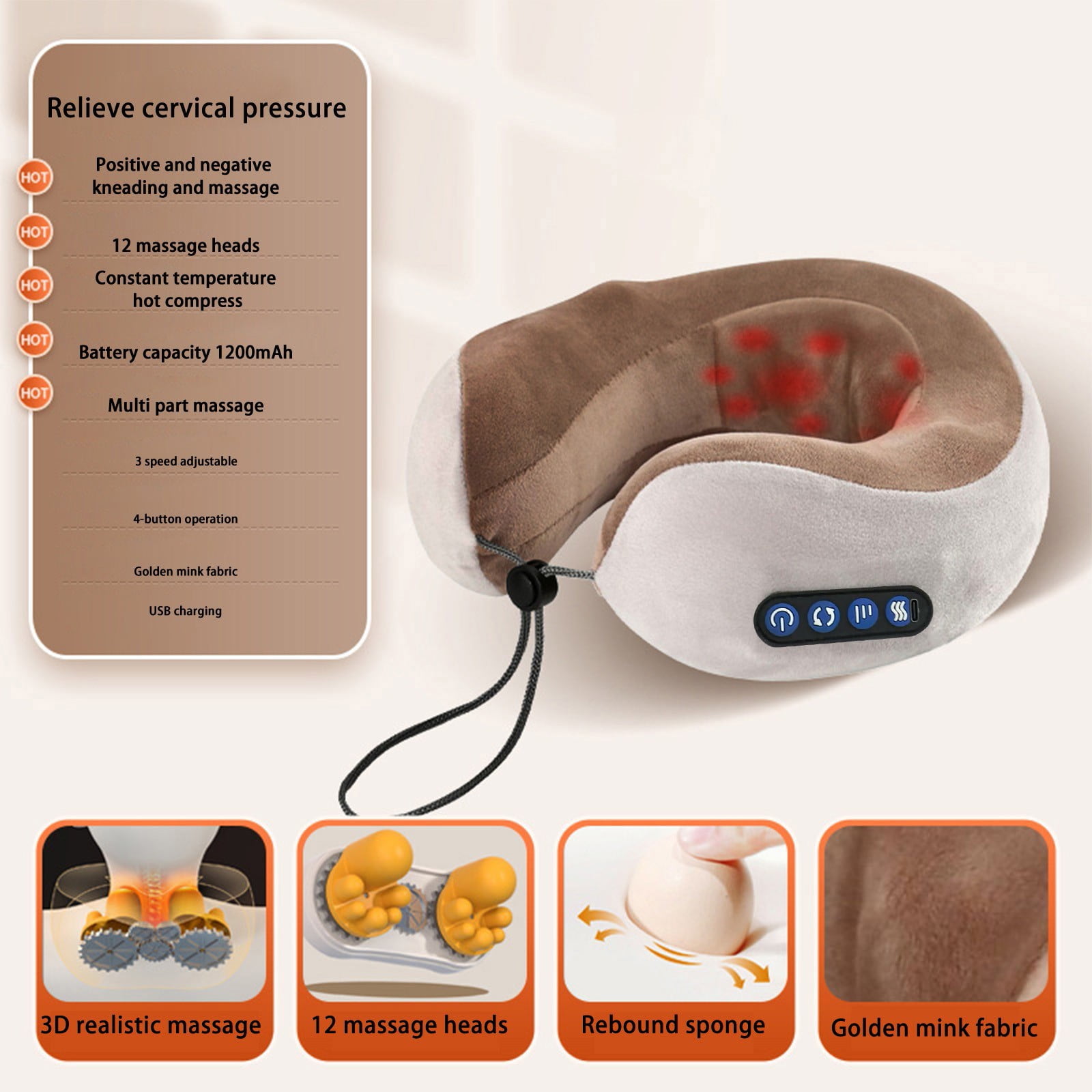 Specollect 2Pcs Electric Neck Massager,Portable Heated Kneading Massage Cushion Pillow,Rechargeable Shoulder Neck U-Shaped Massage Shiatsu,for Pain Relief at Home,Car,Office,Travel,Airplane