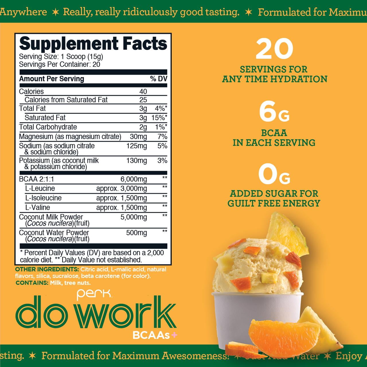 Perk Do Work BCAA + Hydration Electrolytes Powder (Tropical Vanilla Créme) 20 Servings - with Coconut Water & Coconut Milk, Gluten-Free, Soy-Free