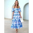 thumbnail image 5 of Women'S Summer Casual Midi Dress Puffy Short Sleeve Square Neck Smocked Tiered Ruffle Dresses Sky Blue Flowers L, 5 of 7