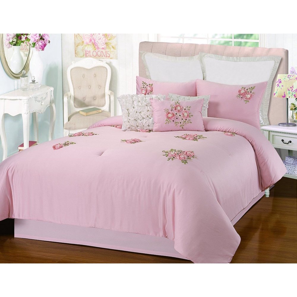 Rosetta Floral Bouquet Applique Pink 9 Piece Comforter Bed In A Bag Set
