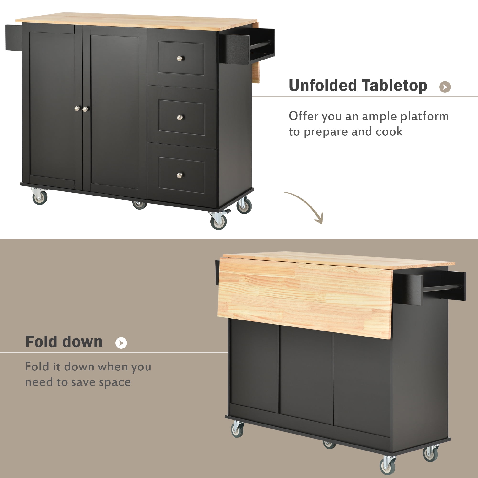 DEALTOPS Rolling Kitchen Islands with Storage Cabinet, Black, 52.76 in