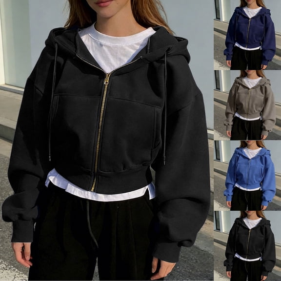 Zip Up Hoodie Women Cropped Sweatshirts Long Sleeve Drawstring Hooded Jacket (Black XL)