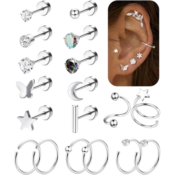 18Pcs Titanium Earrings for Sensitive Ears G23 Flat Back Women Star Moon Butterfly Hypoallergenic Helix Piercing Jewelry -