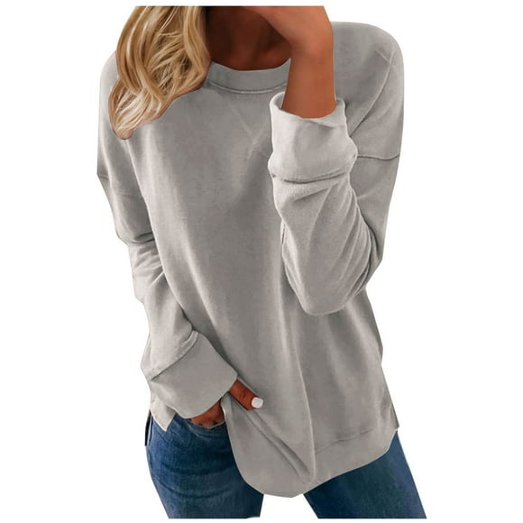 WRKEKC Essential Women's Solid Crewneck Sweatshirt, Basic Long Sleeve Pullover for a Versatile and Comfortable Wardrobe Staple Gray A L