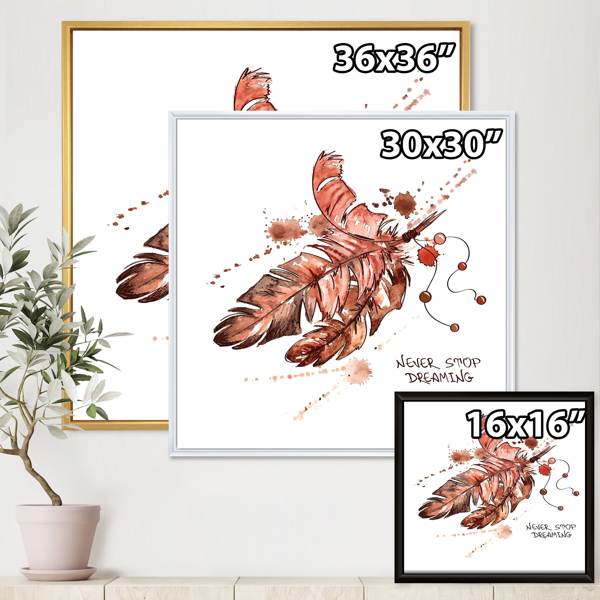 Designart 'Bird Feathers In Earth Tones Never Stop Dreaming' Bohemian & Eclectic Framed Canvas Wall Art Print
