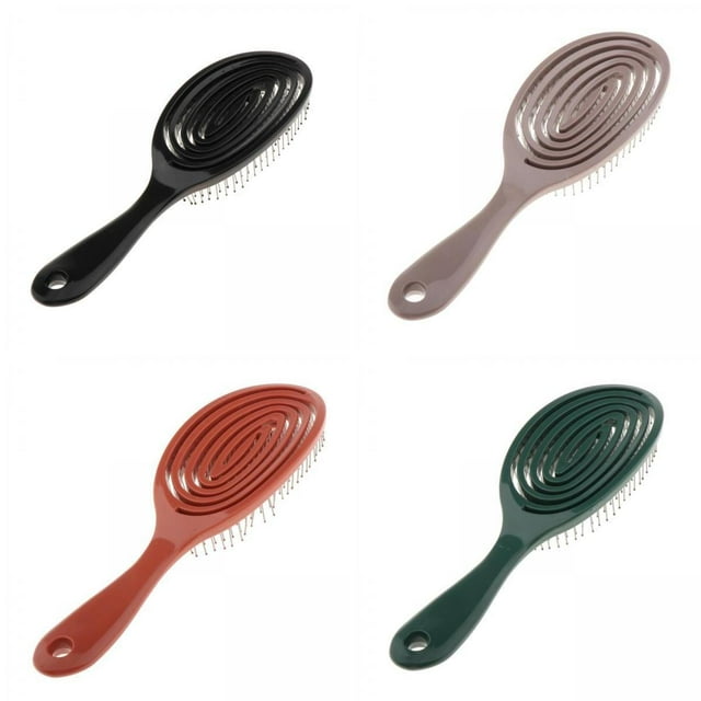 cepillo cabello de ños con para colco cepillo para desenredar el cabello de las mujeres Juego de 4 cepillos Colco, vista frontal de cuatro unidades en distintos colores, mango con orificio, cuerpo ovalado semiventilado con ranuras y cerdas de puntas redondeadas en plástico ABS, tamaño 23.2x7.5x3.5 cm; diseñado para cabello húmedo y uso en salón o en casa.