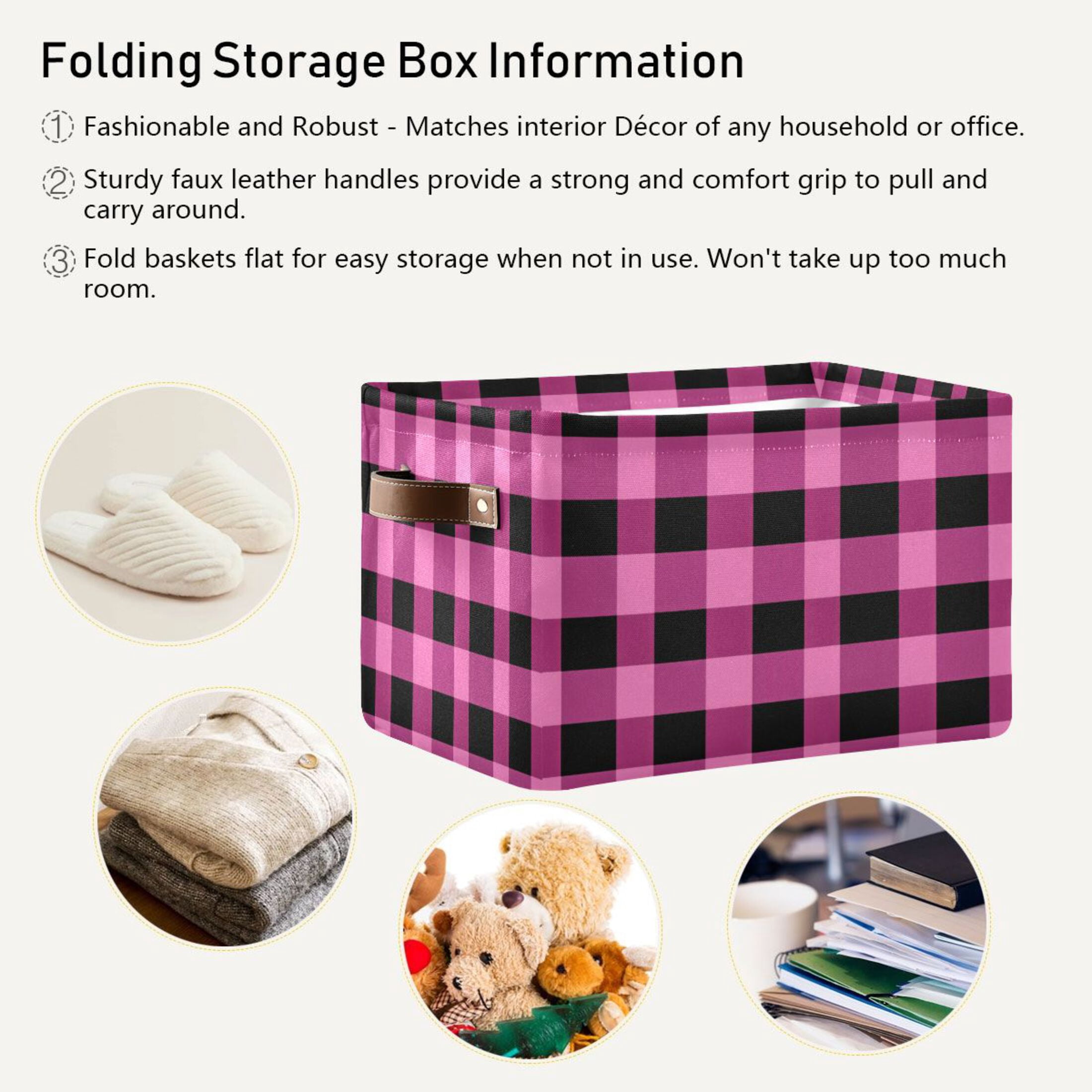 Pink and Black Check Foldable Storage Basket,Canvas Fabric Foldable Storage Bins with Handles Open Home Storage Bins Boxes for Toy Book Shelf Closet Baskets