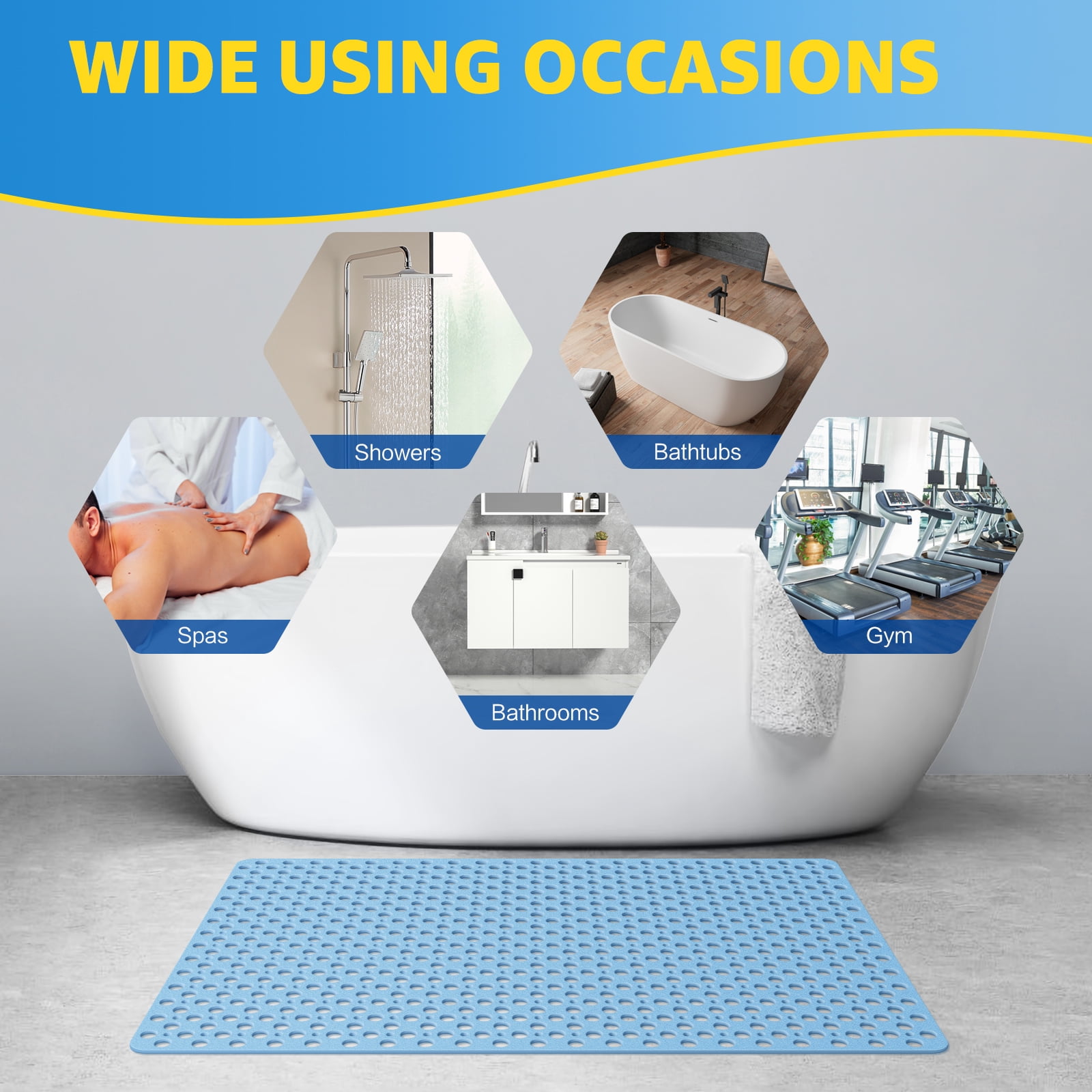 OTHWAY Large Shower Mat, 47x32 TPE Anti Slip Shower Mat, Heavy Bath Mats for Shower with Drain Holes Suction Cups, Shower Stall Mat for Bathroom, No Odor Shower Grip Mat for Elderly (Light Blue)