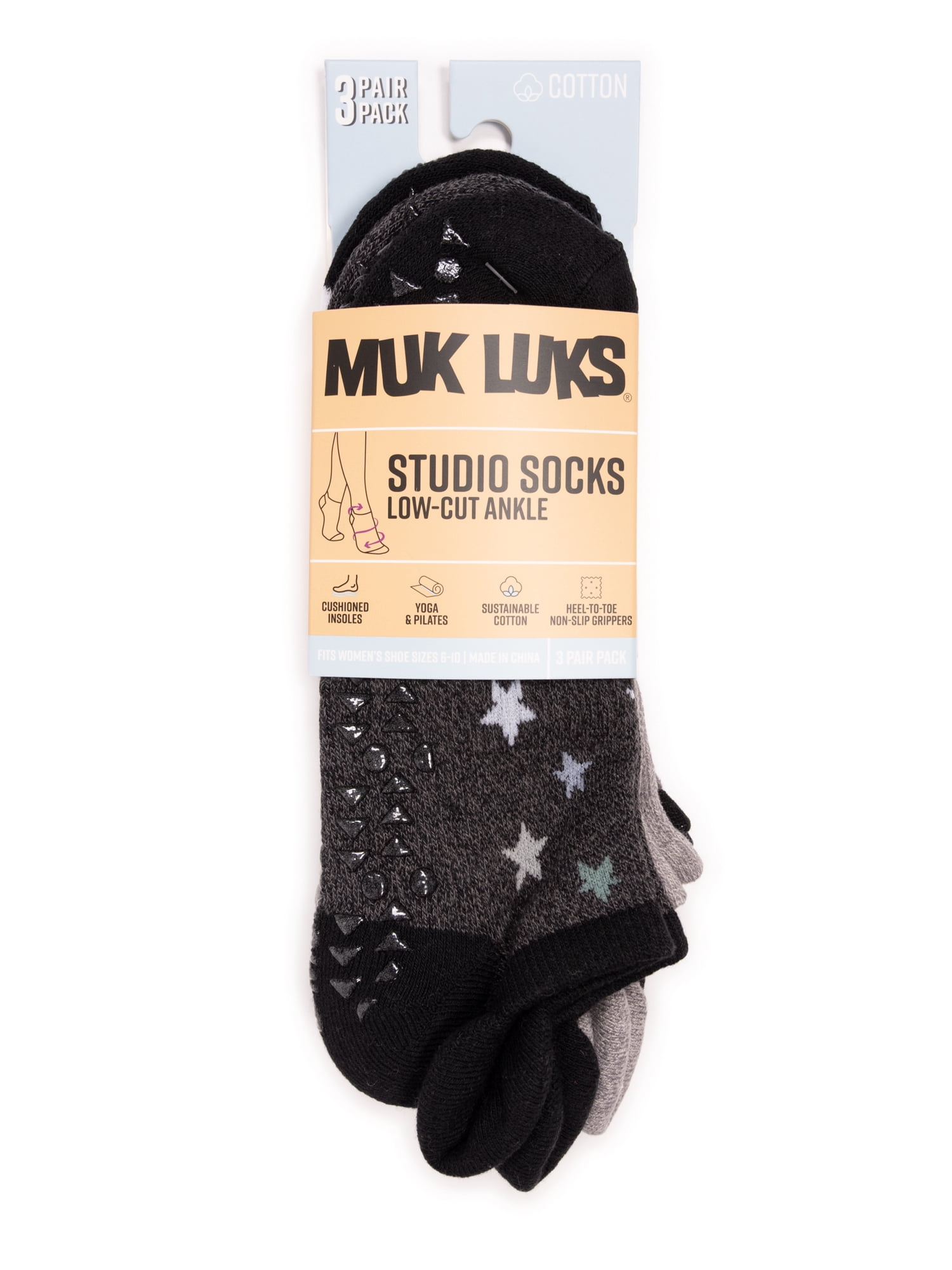 MUK LUKS Women's Pilates Cotton Ankle Socks, 3-Pack, Shoe Sizes 6-10