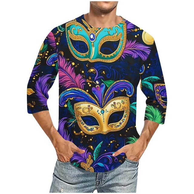 UVEASISHA T-Shirts à Manches 3/4 Mardi Gras pour Hommes Imprimé Masque Graphique Col Rond Décontracté Carnaval Fête Chemise Parade de Vacances en Solde Multicolore 4TG