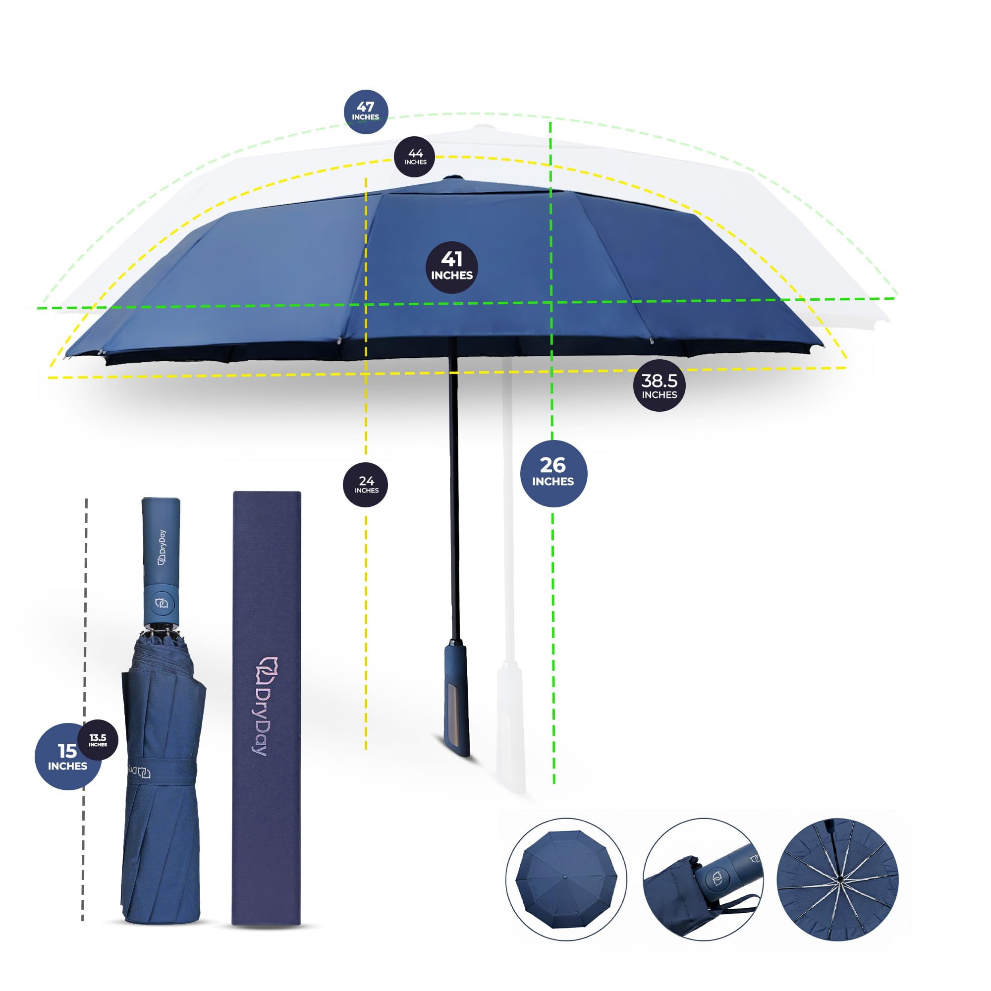 DryDay 47” Premium Umbrellas for Rain, Large Windproof Double Canopy Umbrella, 10 Aluminum Ribs, Sturdy Frame, Auto Open Close Unique Handle, Windproof & Waterproof Umbrella for Women & Men, DarkGray