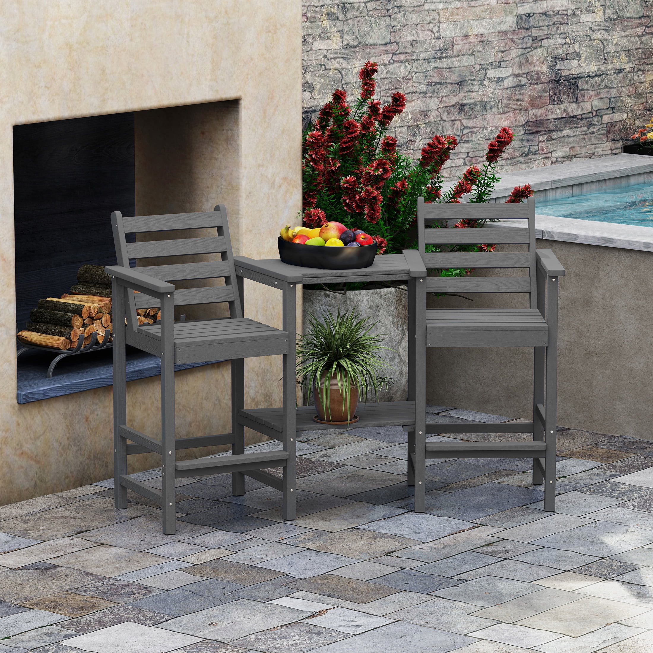AreShark HDPE Tall Adirondack Chair Set with Removable Double Trays (Set of 2) -Gray