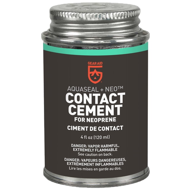 contact cement gear aid aquaseal neo para reparación de neopreno, 120 ml Lata frontal cilíndrica de 120 ml con tapa roscada plateada y etiqueta negra con logo naranja y texto blanco; cemento de contacto para neopreno (4 fl oz) que se seca a goma negra y flexible, indicado para reparar trajes, guantes y botines; a menudo usado para sellar juntas con fugas.