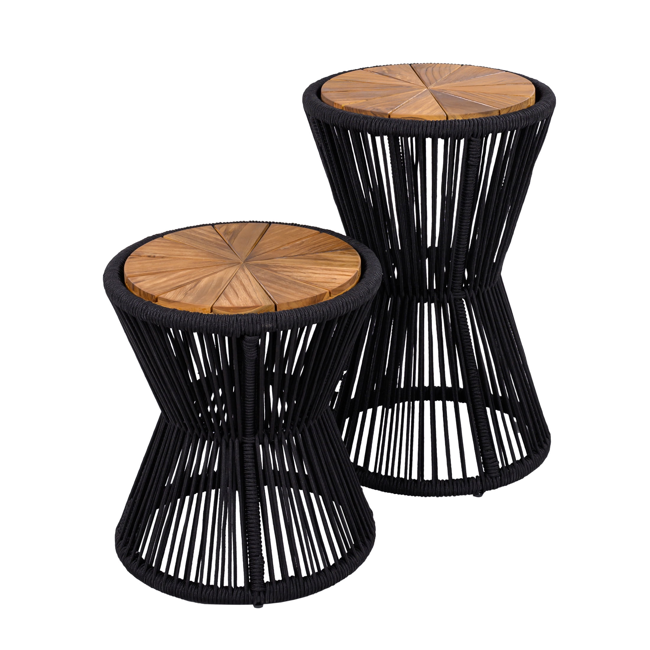 Christopher Knight Home Outdoor Side Table Set of 2, Woven Rope Patio End Tables, Black + Teak