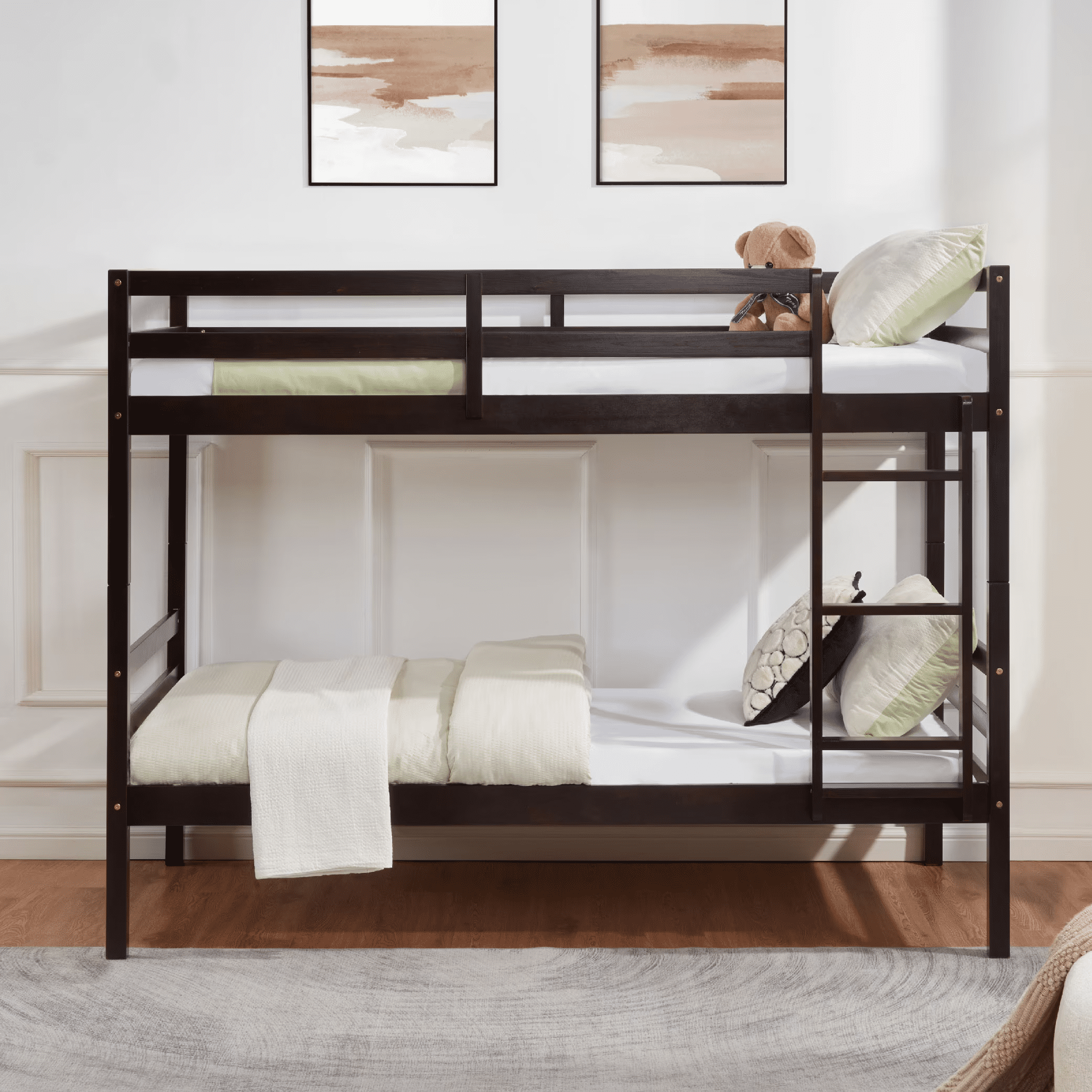MAYEERTY Twin over Twin Bunk Bed with Ladder, Wooden Bed Frame with High Guardrail and Ladder for Kids, No Box Spring Needed, Espresso