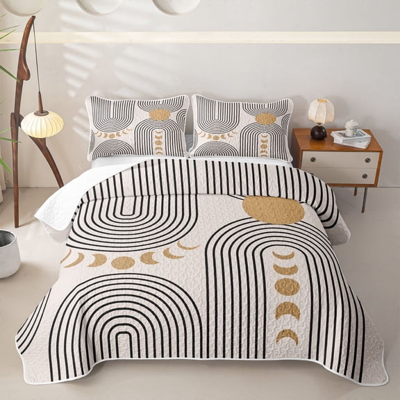 Homewish Bohemian Abstract Lines Twin Quilt Set,Mid-Century Artwork Twin Coverlet Set,Beige,2 Pieces