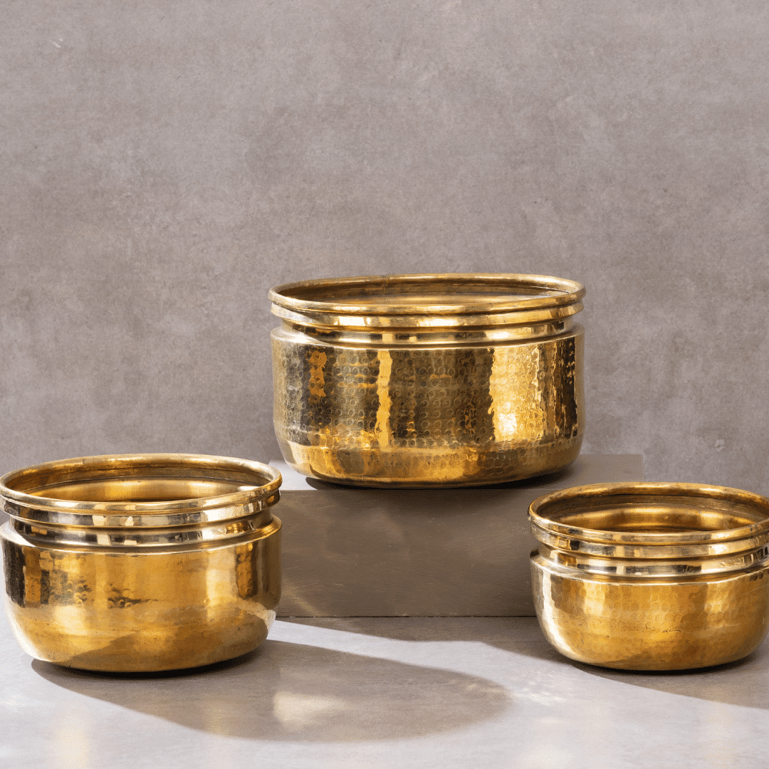 P•TAL Brass Planters | Corrosion-Resistant Metal | Perfect Flower Pots Hammered Bottoms (Medium, Golden Brass)