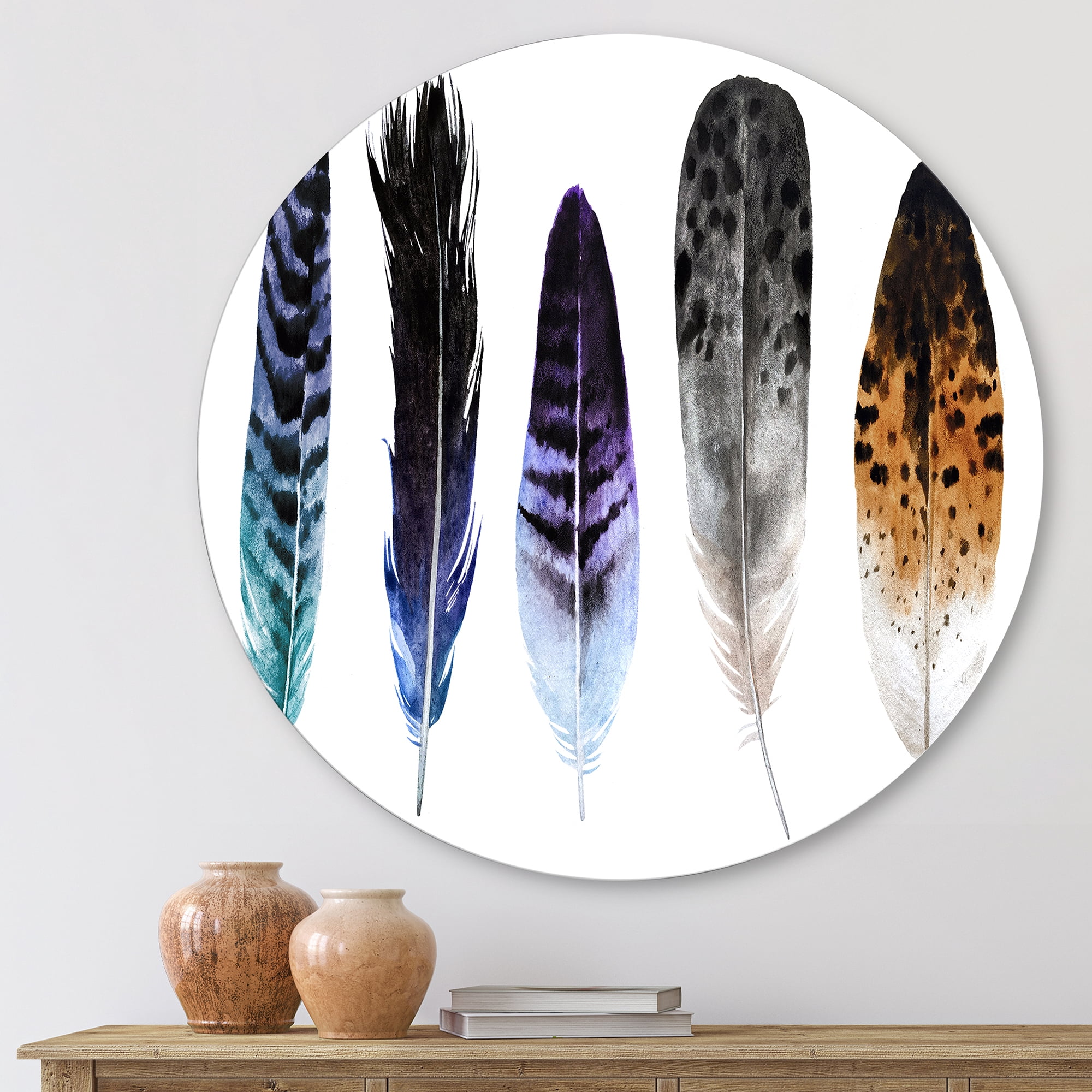 Designart 'Colourful Boho Art Feathers II' Bohemian & Eclectic Circle Metal Wall Art 11x11 - Disc of 11