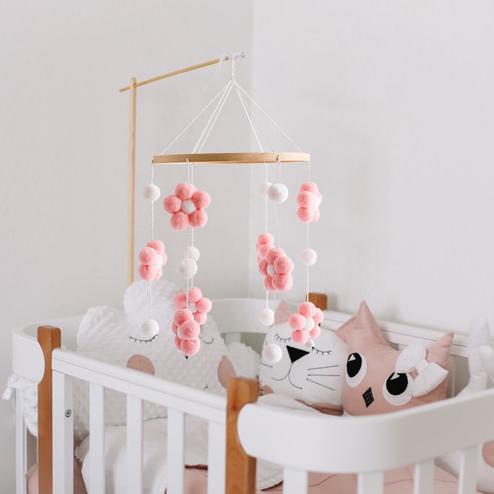 Baby Crib Wind Chimes – Cotton Flower Pendant Hanging Toy, Soothing Nursery Mobile for Newborns, Black