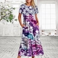 thumbnail image 2 of Penkiiy Women's Summer Casual Short Sleeve Crewneck Dress Casual Flowy Tiered Maxi Beach Dress With Pockets Shiny Print Dress 2XL Purple, 2 of 7