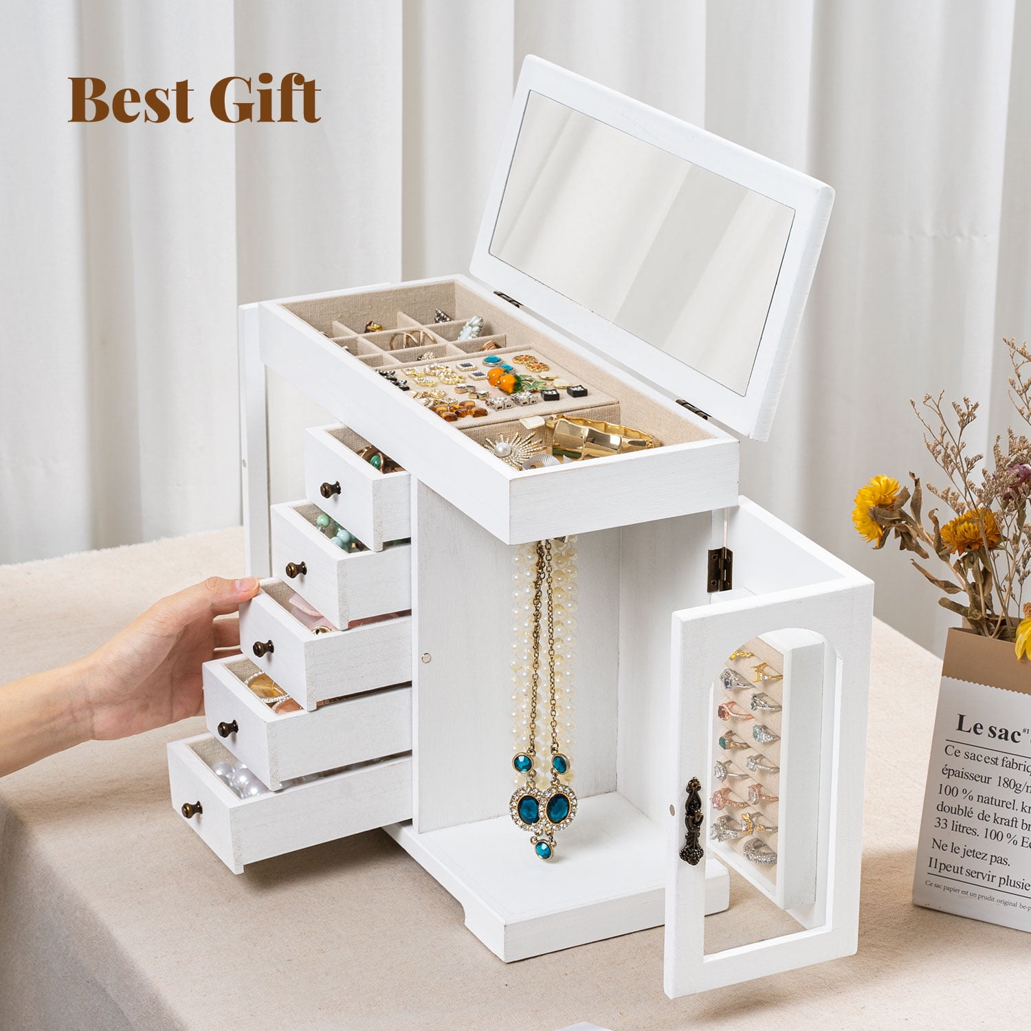 Jewelry Box for Women Girls, Wooden Jewelry Organizer Box with Mirror, 5 Layer Jewelry Storage Case White