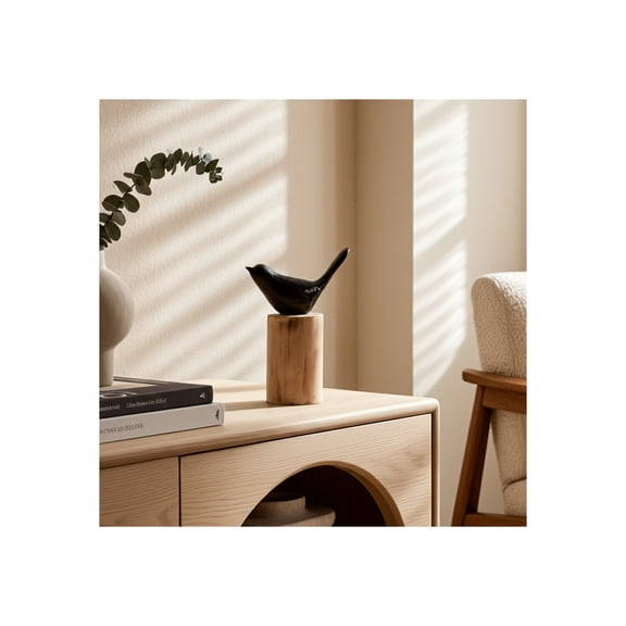 Bird Figurine - Handmade Resin & Mango Wood Sculpture - Rustic Accent Decor for Home, Office, Bedroom, Living Room - 9" Black