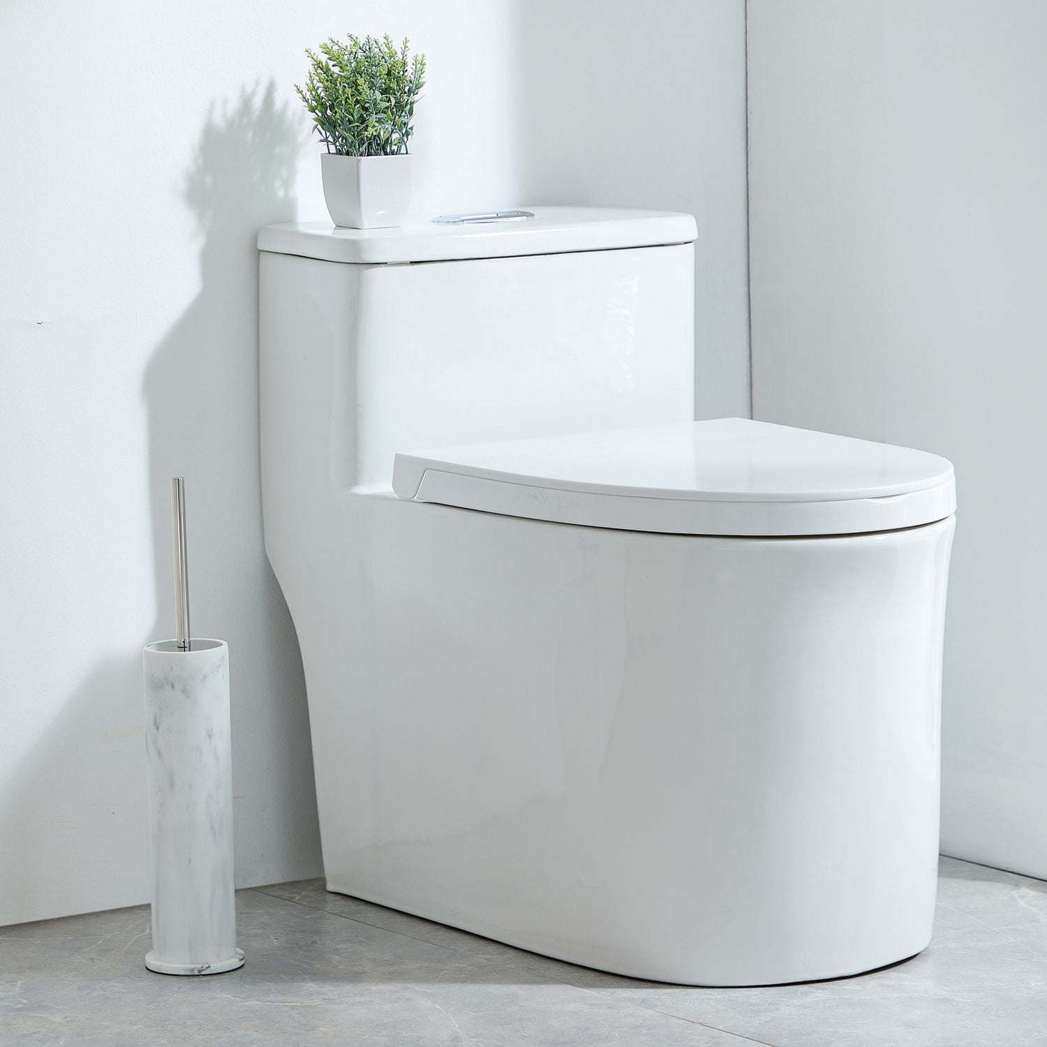 hometrends Faux Marble White Toilet Brush and Holder, 1 toilet bowl brush with metal handle and sandstone holder for bathroom use