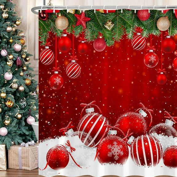 Uutvery Christmas Ball Shower Curtain, Red and Black Ornaments with Green Candy Cane on Pine Branches, Waterproof Polyester Fabric Bathroom Decor with 12 Hooks, 35.43x70.87 Inches
