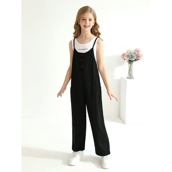 SILVERCELL 5-14T Girls Casual Sleeveless Jumpsuits Teens Girl Spaghetti Strap Loose Romper Long Pants Overalls with Pockets