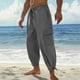 thumbnail image 1 of Pantalones largos para hombre, de color liso, holgados, informales, con bolsillos grandes, de lino, cintura elástica y cordón ajustable, de poliéster., 1 of 7