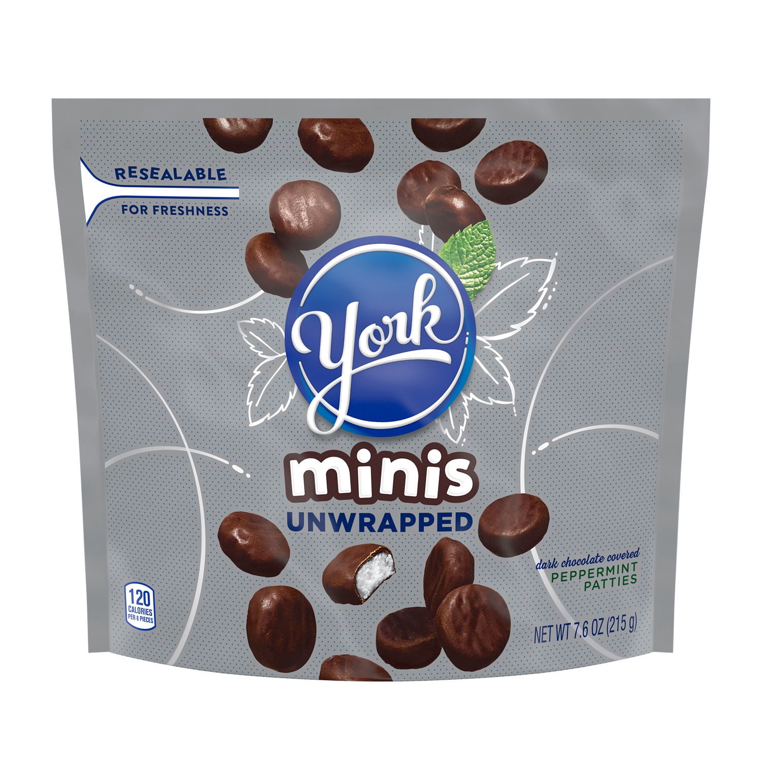 YORK, Minis Dark Chocolate Unwrapped Peppermint Pattie Candy, Gluten Free, 7.6 oz, Resealable Pack