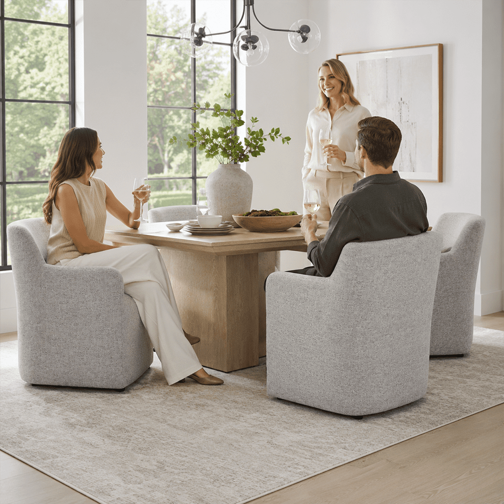 Aenkyo Upholstered Dining Arm Chair with Casters, Barrel Back Rolling Accent Chair, Feather Gray