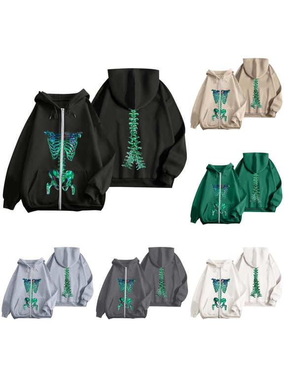Halloween Sweatshirt for Women Skeleton Print Zip Hoodie for Women with Oversized Streetwear Vibe Casual Sweatshirt Jacket Style for Everyday Use Black L