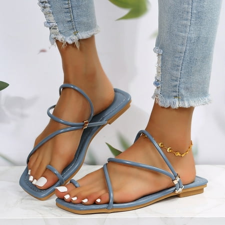 

uikmnh Women Shoes Women Flip Flops Square Toe Strap Beach Sandals Fairy Fashion Sandals Flat Bottom Open Toe Slippers Summer Casual FFashion Beach Sandal Blue 8.5