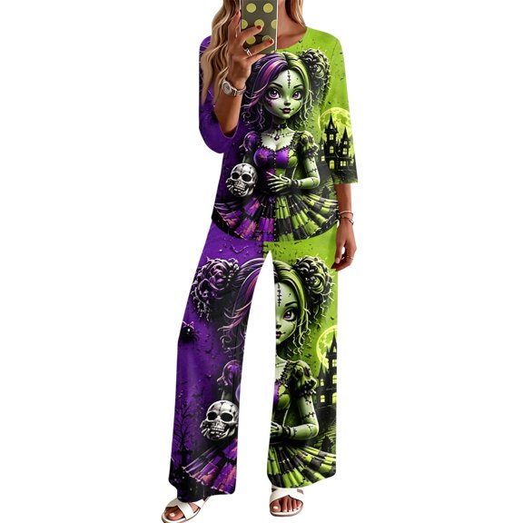 Two Piece Sets For Women Halloween 3/4 Sleeve Print Fall Outfits Casual Crew Neck Shirts And Pants Lounge Sets Halloween Vacation Travel Outfits