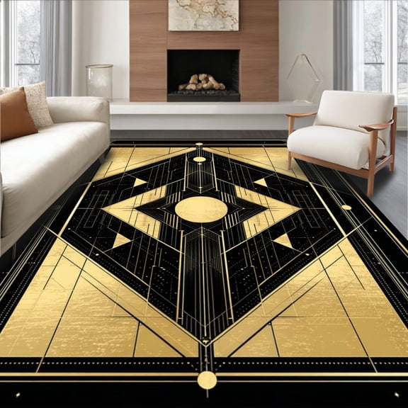 ODIKA 4'x6' Machine Washable Non-Slip Area Rug, Black Entrance Patterned for Restaurant High Traffic Rug, Gold, 95280