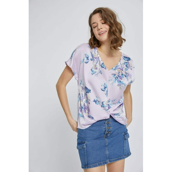 Floral V-Neck Knot-Front Blouse