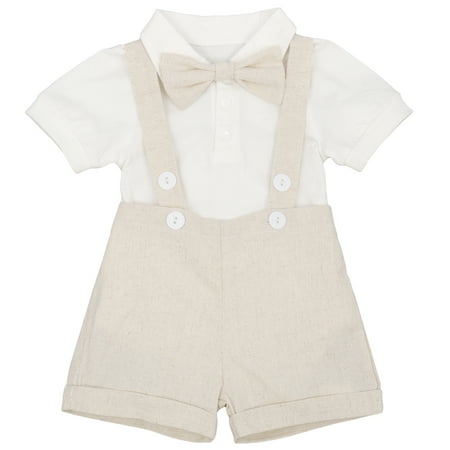 

Christening Outfits for Boys Summer Baptism Outfits Newborn Baby Dress Shirt Romper Bowtie Overalls Shorts 1st Birthday Cake Smash Easter Clothing Toddler Wedding Gentleman Suits Khaki 0-6 Months