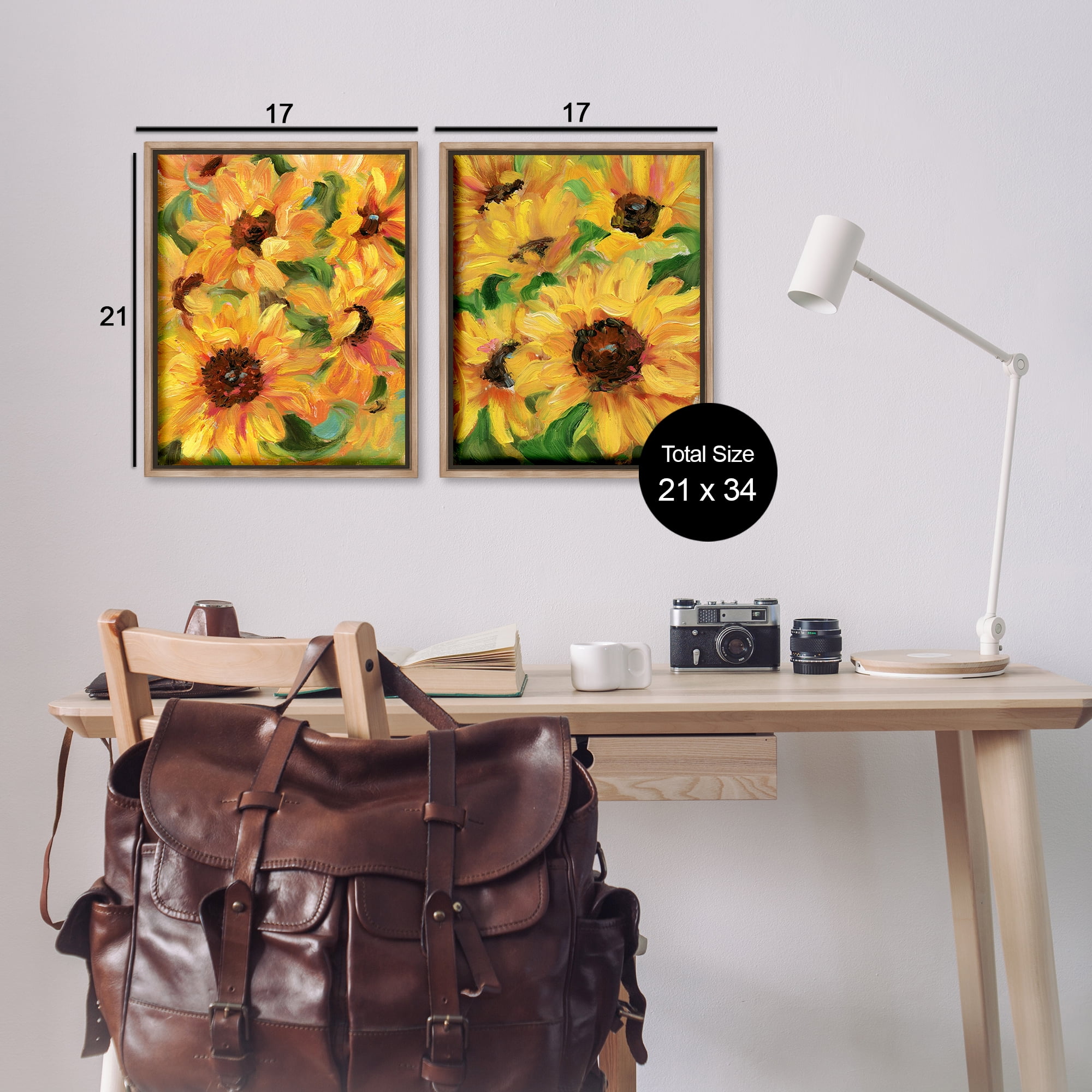 Stupell Industries Abstract Large Sunflower Blooms Plants & Flowers Painting Brown Floater Framed Canvas Art Print Wall Art, 17 x 21, Set of 2