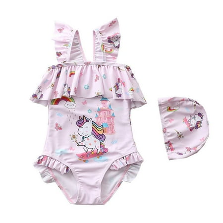 

Baby Girls Ruffled Swimsuit One-Piece Swimwear Toddler Kids Cute Cartoon Bikini Set Chidlren Bathing Suit with Swim Cap 1-7T