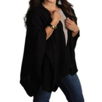 Taleen Knitted Poncho Cape Shawl Wrap with Pockets, 3 Colors (black), 43"X55"
